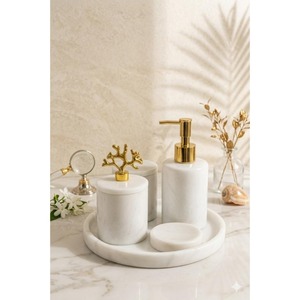 Luxury Marble Bathroom Set Four-Piece Round Soap Dish <b>Toothbrush</b> <b>Holder</b> Soap Dispenser Gold Trim Easy To Clean - Product Image 1