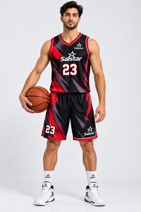 Ensemble de maillots de basket-ball pour hommes, sans manches, col en v, respirant, noir et rouge, uniforme d'équipe avec logos personnalisés des sponsors du club, noms et numéros - Product Image 3