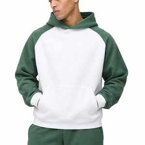 Green <b>White</b> Color Block Hooded <b>Sweatshirt</b> Raglan Sleeve Oversized Casual French Terry Pocket Design Spring Wear - Product Image 1