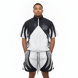 Ensemble de survêtement pour homme ADH Brand, couleur contrastée, manches courtes, fermeture éclair, short sportif, polyester à séchage rapide, vêtements d'été - Product Image 1