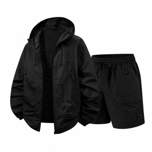 Custom <b>Men's</b> Hooded Nylon Windbreaker <b>Jacket</b> and Shorts Set Lightweight Water Resistant OEM Logo - Product Image 1
