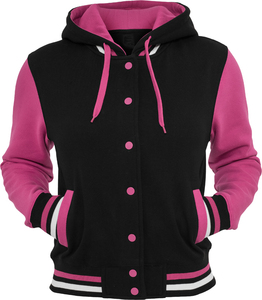 Unisex <b>Black</b> Pink Color Block Varsity Jacket Hooded Zipper Front Casual Autumn Wear Regular Fit <b>Fleece</b> Material - Product Image 2