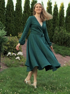 Robe de soirée vintage écologique en coton vert, longueur genou, coupe trapèze, à manches longues, pour femme, idéale pour une invitée de mariage - Product Image 3