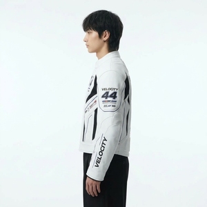 Velocity 44 Men's Motorcycle Jacket White Stand Collar Zipper Breathable Moto <b>Biker</b> Style <b>Patch</b> Designs - Product Image 4