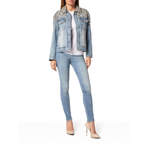 Veste en jean de luxe ornée de perles et de strass pour femme, manteau en jean de créateur à manches longues, logo personnalisé - Product Image 4