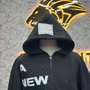 Competitive Price Unique Design Zipper Distressed Hoodie Rhinestone Zip up <b>Jacket</b> Acid Wash Men <b>Fleece</b> Streetwear Hoodie - Product Image 3