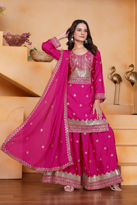 Élégante tunique en soie Chinon à sequins, pantalon palazzo multi-évasé et dupatta brodé – Ensemble trois pièces pour femme - Product Image 2