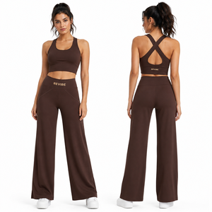 Conjunto Deportivo de Dos Piezas para Mujer, Pantalones Acampanados de Cintura Alta, Top Corto sin Mangas, Ropa Deportiva para Yoga, Gimnasio y Entrenamiento, Venta al Por Mayor - Product Image 4