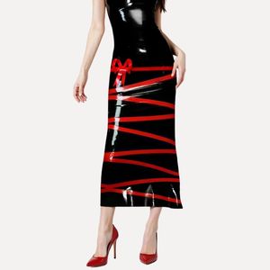 Scoop Neck PU Leather Midi Dress With <b>Red</b> <b>Ribbon</b> Striped Pattern Bodycon Sleeveless Fitted Party Wear Sexy Style - Product Image 6