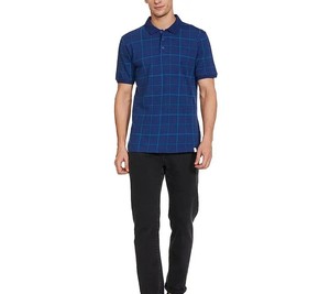 Polo à manches courtes pour homme, bleu à carreaux, coupe classique, design tissé Oxford décontracté - Product Image 1
