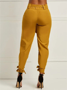 High Waist Olive Green Satin <b>Harem</b> Pants With Bow Ties At Waist And Ankles Casual Ankle-Length Women's <b>Trousers</b> - Product Image 4