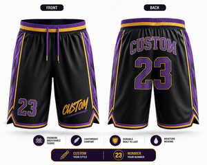 Custom Basketball <b>Shorts</b> <b>Men</b> <b>Black</b> Purple Gold Sublimation Print Breathable Mesh Drawstring Waist Athletic Training Apparel - Product Image 1