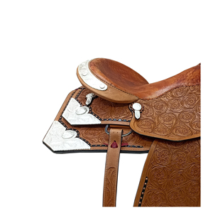 Silla de montar western de cuero tópico para carreras de barriles, con diseño floral tallado a mano y estampado plateado, asiento rígido, fabricante indio - Product Image 2