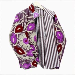Chaqueta Elegante y Hermosa, Ecológica, Transpirable, con Bordado Floral y Rayas, Cuello Mandarín, para Mujer, Otoño-Invierno - Product Image 3