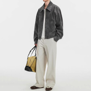 Blouson Bomber en Daim pour Homme, Col Rabattu, Fermeture Éclair, Style Décontracté Automne, Coupe Droite, Couleur Unie, Style Ample - Product Image 3