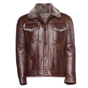 Veste d'hiver en cuir véritable pour homme avec doublure en fourrure, col rabattable, style motard, coupe régulière, coupe-vent - Product Image 1