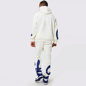 Survêtement blanc à capuche pour homme, imprimé color block bleu, coupe droite longue, 100 % coton, streetwear, sweat-shirt et pantalon de maternité - Product Image 2