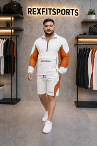 Ensemble de survêtement REXFIT SPORTS 2026 blanc et orange en nylon froissé, veste coupe-vent à demi-zip et short à empiècements - Product Image 2