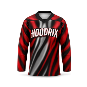 Camisetas de hockey sobre hielo personalizadas OEM con impresión por sublimación, tela de malla elástica y transpirable, diseño de apliques de sarga y detalles para el juego. - Product Image 3