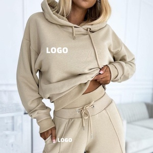 Wholesale Cropped Hoodie and Jogger Set Woman Workout Crop <b>Top</b> Hoodie Plain Crop Sweater for Ladies - Product Image 1