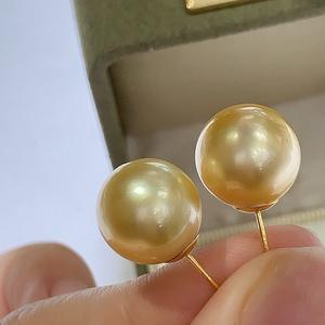 11-12mm Natural Gold Bead Earrings with 18K Inlaid Round <b>Mirror</b> Pearl Versatile and Fashionable with Gift <b>Box</b> - Product Image 3