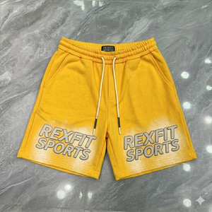 กางเกงกีฬาขาสั้นสีเหลืองสำหรับผู้ชายแบบกำหนดเอง REXFIT SPORTS กางเกงกีฬาพิมพ์ลาย กางเกงออกกำลังกายระบายอากาศได้ดี กางเกงขาสั้นสตรีทแวร์ผ้าฝ้ายผสม - Product Image 1