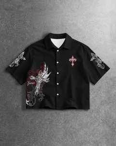 Camisa negra de manga corta de tela Canton para hombre, estilo chino, sin cuello, con botones, informal, para verano - Product Image 5