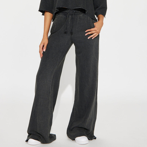 Women Acid Wash Raw Edge Wide Crop Top Oversized Shirt <b>Set</b> Woman 2 Piece Straight Oversized Pants Leisure <b>Sets</b> For Women - Product Image 4