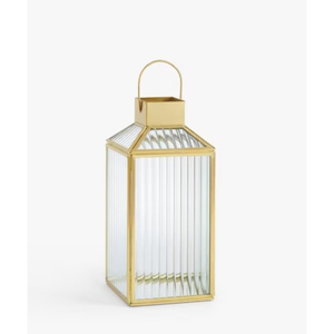 Gold Metal Lantern With Fluted Glass Panels Square Decorative <b>Candle</b> Holder <b>Hurricane</b> For Wedding Table Centerpieces And Home - Product Image 1