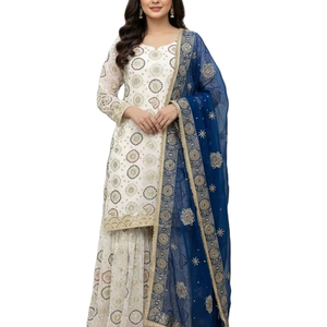 Traje Sharara de Rayón Georgette Blanco Tradicional Pakistaní de Lujo con Bordado Intenso, Salwar Kameez de Diseñador de 3 Piezas para Bodas y Eid - Product Image 1
