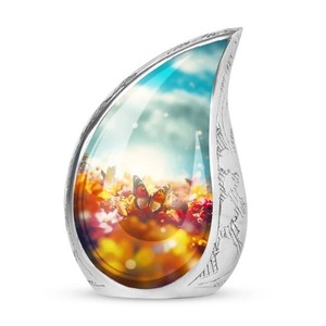 Urne funéraire en forme de goutte d'eau argentée avec motif de jardin de papillons pour cendres d'adultes, souvenir commémoratif, urne pour cendres humaines - Product Image 1