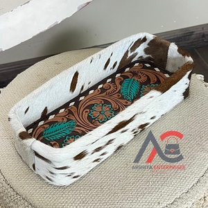 <b>Rustic</b> Handmade Cowhide Leather Storage Tray with Large Capacity for Bathroom Tableware Jewelry Key-Handmade Decor Holders - Product Image 1