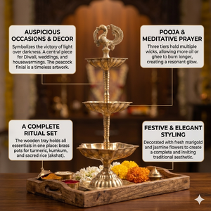 Lampe à huile en laiton à 3 niveaux avec finition paon, ensemble de thali en bois pour la puja, diya traditionnel pour la décoration de la maison à Diwali, cadeau de festival, vente en gros - Product Image 4