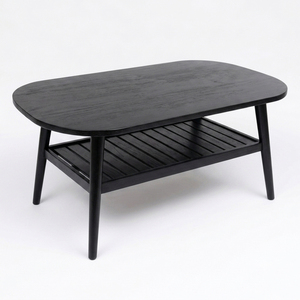 Minimalist Modern <b>Solid</b> Teak Oval Slatted Coffee Table High Quality Black Finish Open Shelf Living Room Hotel Lounge Wholesale - Product Image 4