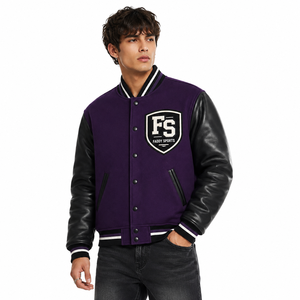Veste universitaire unisexe Deep Purple avec manches en cuir, patch en chenille, boutons pression sur le devant, logo personnalisé, veste universitaire streetwear OEM - Product Image 4