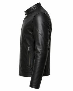 Veste en cuir véritable noire pour homme de haute qualité, coupe ajustée, col montant, fermeture éclair, style motard, pour l'automne - Product Image 1