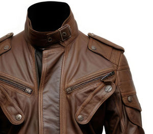 Chaqueta de Motociclista para Hombre, de Cuero Genuino Marrón, con Detalle de Correa y Cinturón en la Cintura - Product Image 3