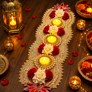 Camino de mesa para velas de Diwali con rosas rojas, encaje de perlas y portavelas dorados para decoración de bodas y hogar. - Product Image 2