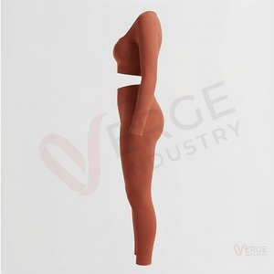 Women Brown Ribbed Long Sleeve Crop Top High Waist Leggings Yoga 2 Piece <b>Set</b> <b>Square</b> Neck - Product Image 3