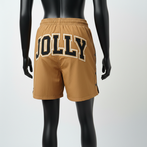 Shorts cortavientos premium para mujer, poliéster ligero de secado rápido, color canela, con parche de chenilla y logotipo personalizado. - Product Image 5