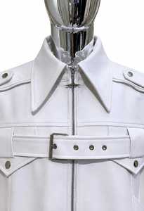 Chaqueta de Cuero Genuino Blanca para Hombre, Cuello Alto, Cierre de Cremallera, Bolsillos con Solapa, Mangas Regulares, Color Sólido, Estilo Casual - Product Image 5