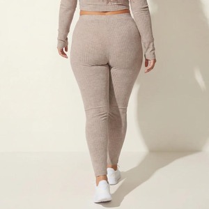 Leggings tricotés taille haute pleine longueur couleur unie extensibles grande taille pour femme, pantalon de yoga et d'entraînement sans couture en Spandex et Nylon - Product Image 3