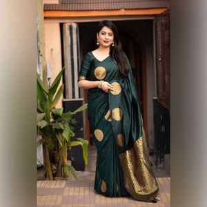 TRADITIONNEL BANARASI SOIE OR ZARI TISSER TRAVAIL SAREE AVEC CHEMISIER NON COUDU VERT - Product Image 1