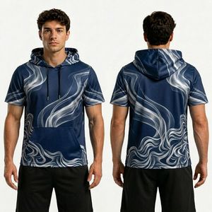 Camiseta Deportiva de Manga Corta con Capucha, Sublimada con Diseño Abstracto Azul Marino, en Poliéster con Tela Transpirable que Absorbe la Humedad - Product Image 1