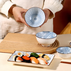 Premium 5-Piece Japanese Style Blue and White Ceramic Dinnerware <b>Set</b> with Elegant Gift Box - Underglazed Porcelain Plate and Bow - Product Image 3