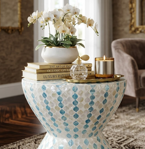 Luxury Mother of Pearl Inlay <b>Stool</b> / Side <b>Table</b> – Round Shell Mosaic Accent <b>Table</b>, Handmade Coastal Home Decor Made in Vietnam - Product Image 6