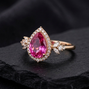 Bague de déclaration rose vif fantaisie, taille poire, double halo, accent de taille marquise, motif feuilles, sertie à griffes, en or jaune, pour fiançailles et mariage - Product Image 4