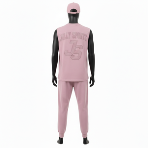 ชุดเซ็ต 2 ชิ้น เสื้อกล้ามและกางเกงขายาวสำหรับผู้ชาย ผ้าโพลีเอสเตอร์ตาข่ายพรีเมียม 180GSM สีชมพูอ่อน ระบายอากาศได้ดี รับสกรีนโลโก้ - Product Image 2