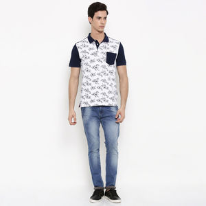 Polo blanc pour homme, imprimé sur toute la surface, manches contrastées, coton respirant, décontracté, manches courtes, vêtements d'été - Product Image 1