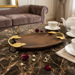 Wooden Storage Tray with Golden Leaf Handles | Decorative Serving Tray for Home Kitchen <b>Dining</b> <b>Table</b> & Living Room - Product Image 2
